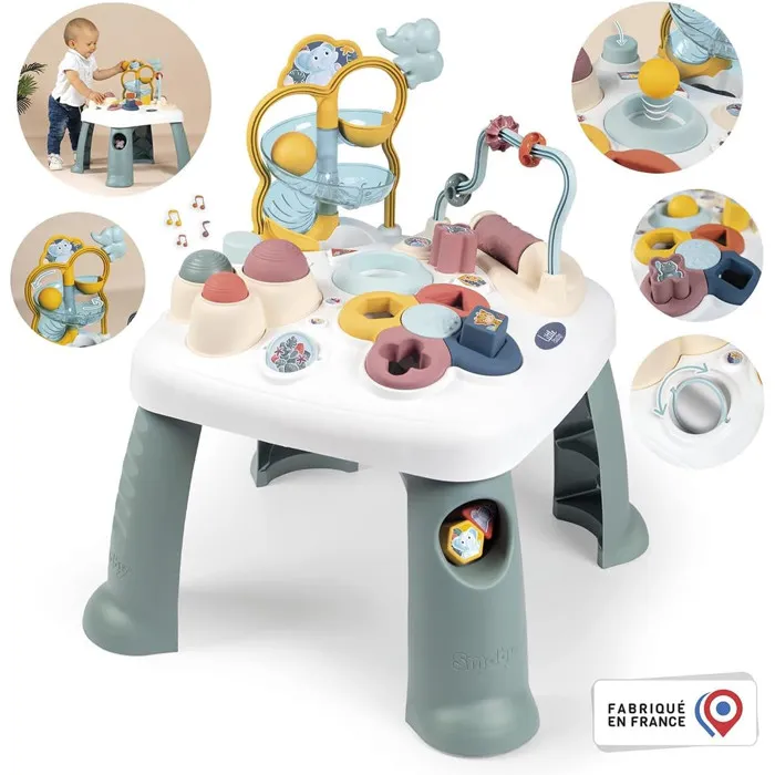 Smoby Little Smoby Table d'Activités pour Enfant à partir de 12 Mois, Tri de Formes, Boulier, Boutons Sonores, Catapulte, Miroir - Jouet Éducatif et Ludique Fabriqué en France