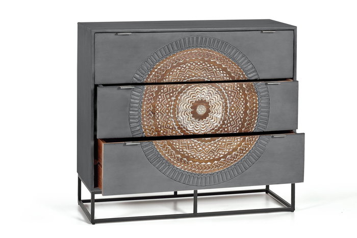 GINER Y COLOMER Commode 3 tiroirs en bois de manguier avec pieds métal gris et marron - 90 x 100 x 40 cm - Commode artisanale avec finition main