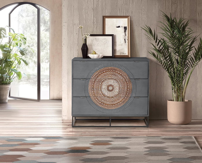 GINER Y COLOMER Commode 3 tiroirs en bois de manguier avec pieds métal gris et marron - 90 x 100 x 40 cm - Commode artisanale avec finition main