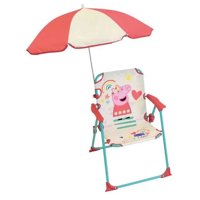 Fun House Peppa Pig - Chaise pliante de camping pour enfant avec parasol anti-UV - Dimensions pliée H38.5 x L38.5 x P37.5 cm - Parasol Ø 65 cm inclus