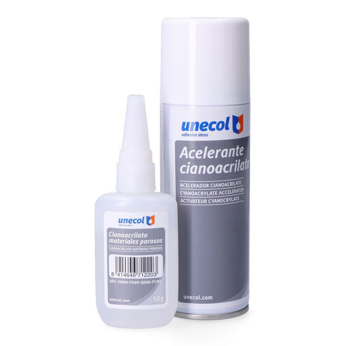 Unecol A7156 Kit cyanoacrylate 50 g + accélérateur aérosol 200 ml pour matériaux poreux Unecol A7156 Kit cyanoacrylate 50 g + accélérateur aérosol 200 ml pour matériaux poreux