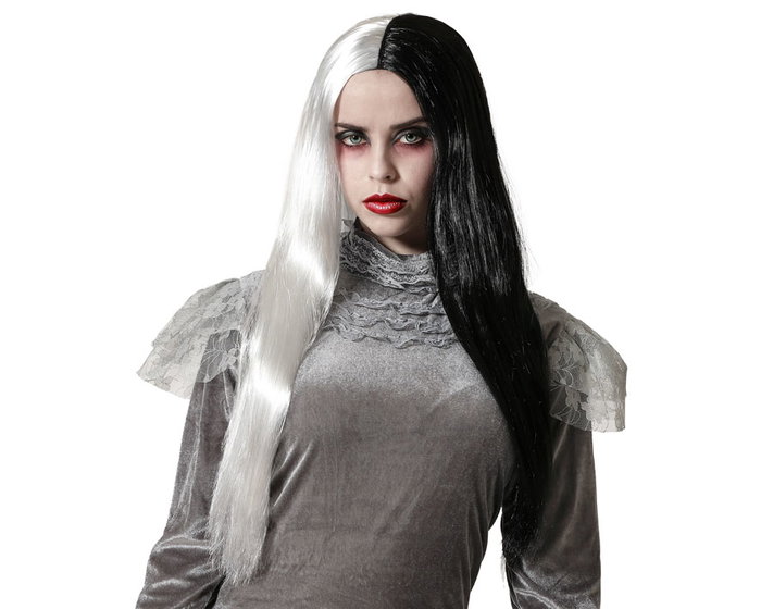 Peluca Larga Vampiresa en Noir et Blanc - 60 cm - Perruque Gothique Lisa pour Déguisement Adulte Halloween Peluca Larga Vampiresa en Noir et Blanc - 60 cm - Perruque Gothique Lisa pour Déguisement Adulte Halloween