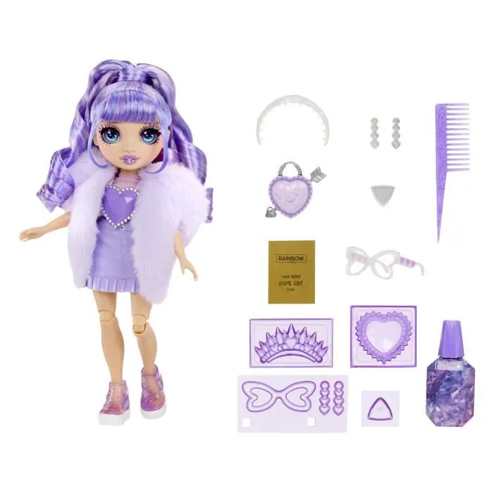 Rainbow High Poupée Mannequin Cristal Violet de 27 cm avec 5 Accessoires - Sac à Main et Bague