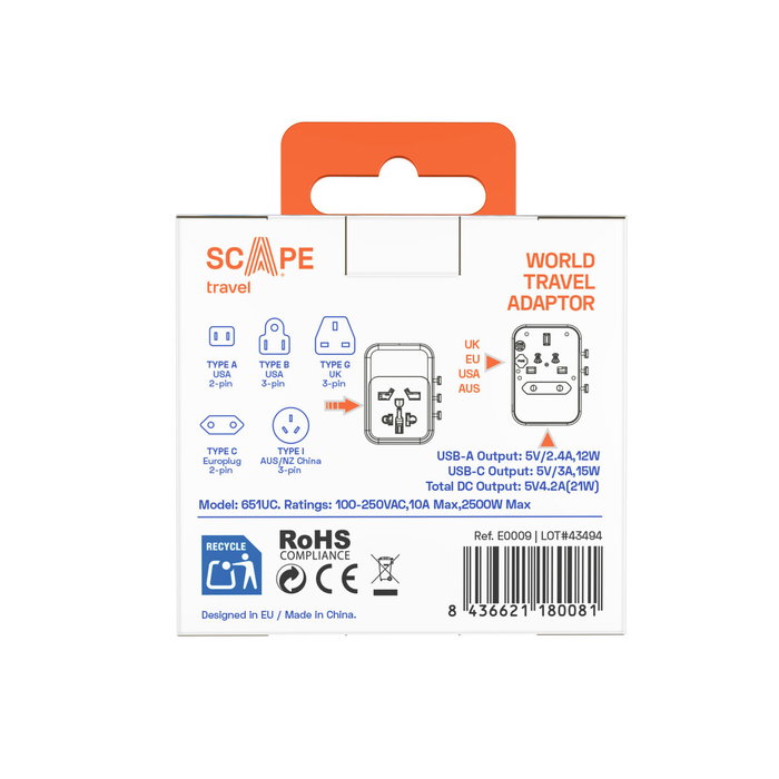 Multiprise Scape Travel 651UC Plastique