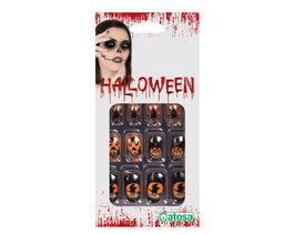 Ongles postiches Halloween orange et noirs avec citrouilles et sorcières