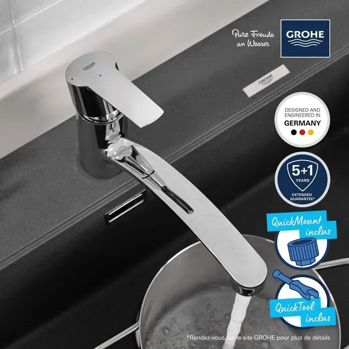 GROHE Robinet de cuisine monocommande Evier QUICKFIX Start, bec bas chromé, mousseur, flexibles souples - Réf. 31138002