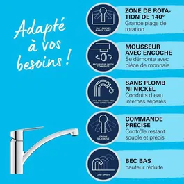 GROHE Robinet de cuisine monocommande Evier QUICKFIX Start, bec bas chromé, mousseur, flexibles souples - Réf. 31138002
