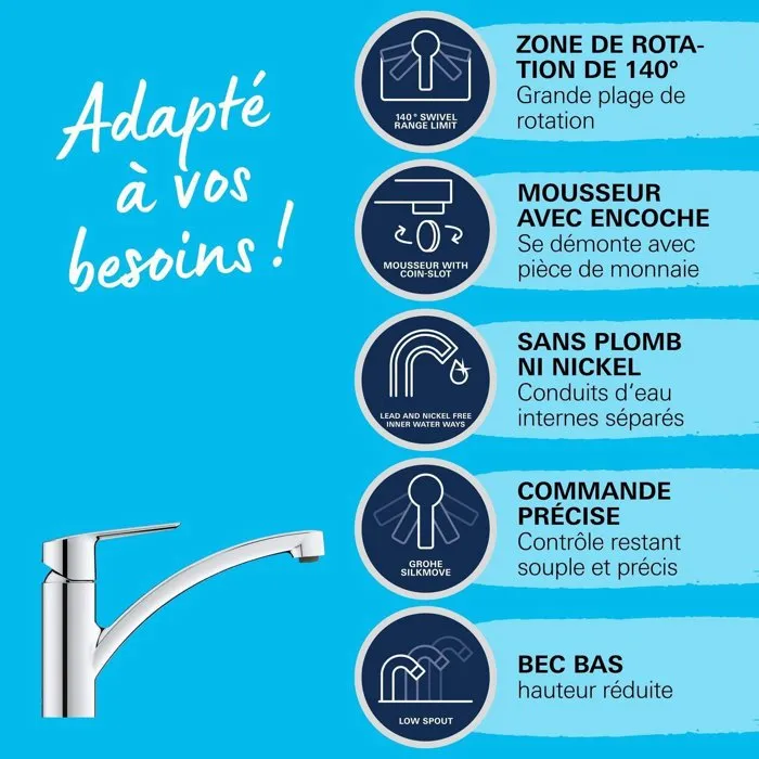 GROHE Robinet de cuisine monocommande Evier QUICKFIX Start, bec bas chromé, mousseur, flexibles souples - Réf. 31138002