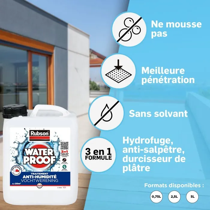 Rubson - Revêtement d'étanchéité pour murs intérieurs humides - Traitement hydrofuge, anti-salpêtre et durcisseur de plâtre - Sans odeur - Incolore - Bidon de 0,75L