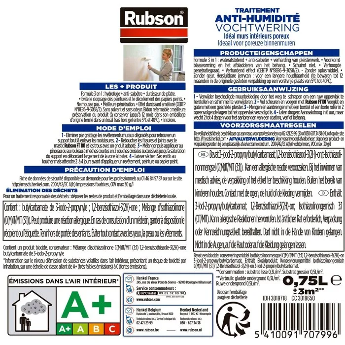 Rubson - Revêtement d'étanchéité pour murs intérieurs humides - Traitement hydrofuge, anti-salpêtre et durcisseur de plâtre - Sans odeur - Incolore - Bidon de 0,75L