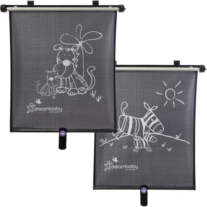 Dreambaby - Store enrouleur de fenêtre de voiture Double face - Imprimé Zèbre et Tigre - Protection UV - Réglable - Lot de 2 pièces