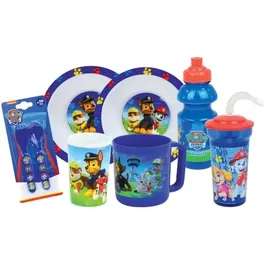 Fun House Lot de vaisselle Pat'Patrouille - 7 pièces : 2 assiettes creuses 16 cm, verre, couverts, gourde, gobelet avec paille et mug