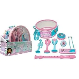 Lexibook Set Musical Gabby et la Maison Magique avec 7 Instruments (Tambour, Maracas, Castagnettes, Harmonica, Trompette, Tambourin, Flûte) - Boîte de Rangement Tambour Inclus