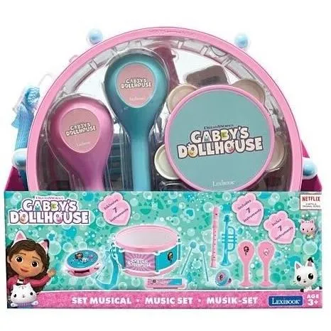 Lexibook Set Musical Gabby et la Maison Magique avec 7 Instruments (Tambour, Maracas, Castagnettes, Harmonica, Trompette, Tambourin, Flûte) - Boîte de Rangement Tambour Inclus