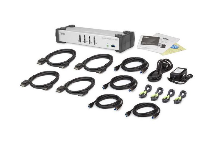 Aten CS1914 Commutateur KVM DisplayPort 4 ports USB 3.0 - Résolution 4K à 30 Hz - Hub USB 3.1 - Câbles inclus