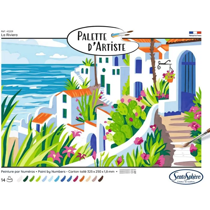 Sentosphere - La Riviera - Peinture par numéros pour adultes - Palette d'artiste avec peintures acryliques à 50% bio - Tableau en carte toilée - 21 références - Style vie & évasion