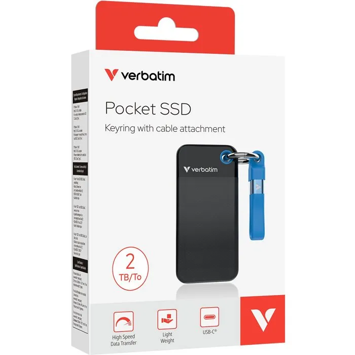 Verbatim SSD Externe Pocket 2 To - Stockage Flash, Portable, Noir/Bleu, USB-C, Haute Performance