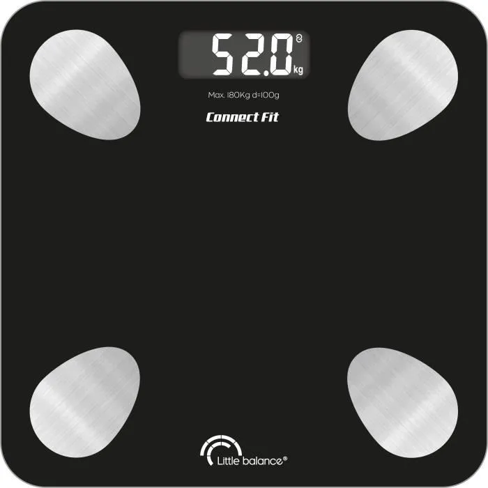 Little Balance 8685 - Kit Duo Pèse-Personne Impédancemètre et Corde à Sauter Connectés, 13 Indicateurs Corporels, 3 Modes, 190 kg / 100 g, Noir