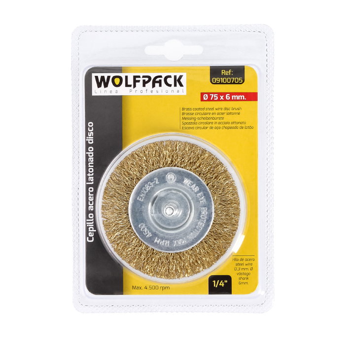 WOLFPACK LINEA PROFESIONAL Disque brosse en acier laitonné Ø 75 mm, tige 1/4 pol. WOLFPACK LINEA PROFESIONAL Disque brosse en acier laitonné Ø 75 mm, tige 1/4 pol.