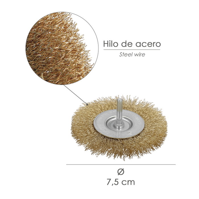 WOLFPACK LINEA PROFESIONAL Disque brosse en acier laitonné Ø 75 mm, tige 1/4 pol. WOLFPACK LINEA PROFESIONAL Disque brosse en acier laitonné Ø 75 mm, tige 1/4 pol.