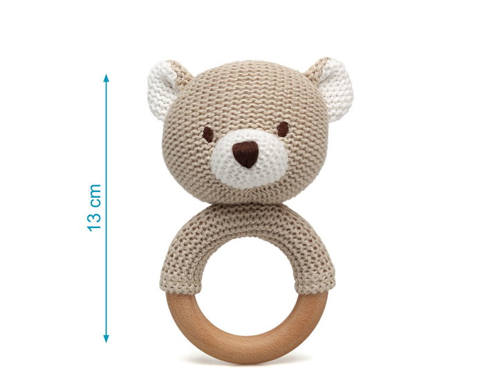 KioKids - Mordedor Osito en bois et coton, anneau de hêtre, jouet d'éveil écologique pour bébé +3 mois, collection Cotton Friends