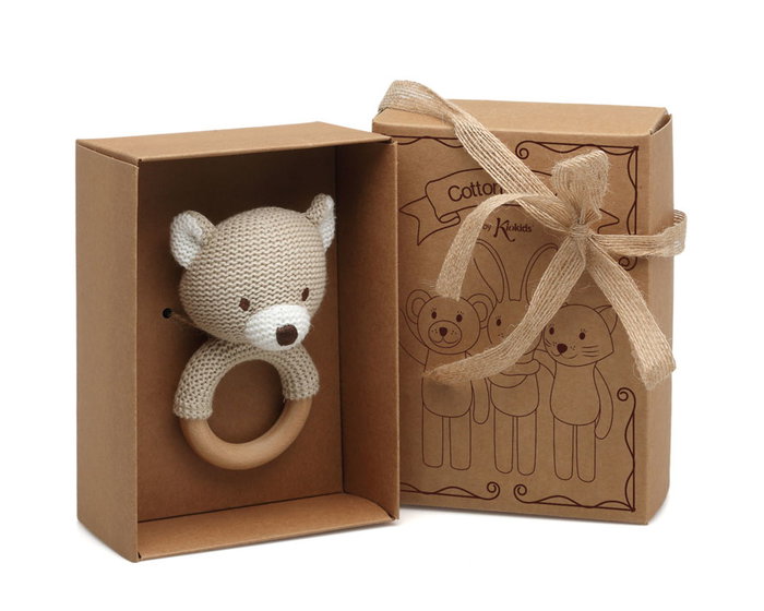 KioKids - Mordedor Osito en bois et coton, anneau de hêtre, jouet d'éveil écologique pour bébé +3 mois, collection Cotton Friends