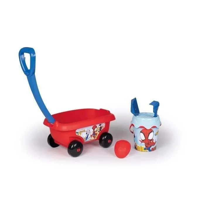 Smoby Chariot de Plage Garni Spidey avec Seau, Pelle, Râteau et Moule - Bleu - Fabriqué en France - Pour Enfants à Partir de 18 Mois