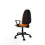 Chaise de bureau Algarra avec mécanisme de contact permanent de base, revêtue de similicuir orange. Équipée d'un piètement en polyamide noir, d'accoudoirs fixes et de roulettes en nylon de 50 mm