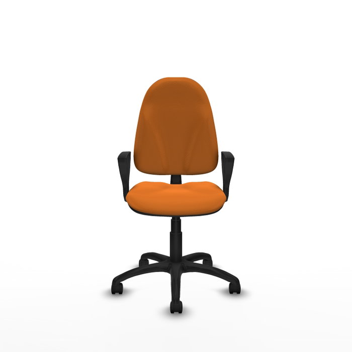 Chaise de bureau Algarra avec mécanisme de contact permanent de base, revêtue de similicuir orange. Équipée d'un piètement en polyamide noir, d'accoudoirs fixes et de roulettes en nylon de 50 mm Chaise de bureau Algarra avec mécanisme de contact permanent de base, revêtue de similicuir orange. Équipée d'un piètement en polyamide noir, d'accoudoirs fixes et de roulettes en nylon de 50 mm