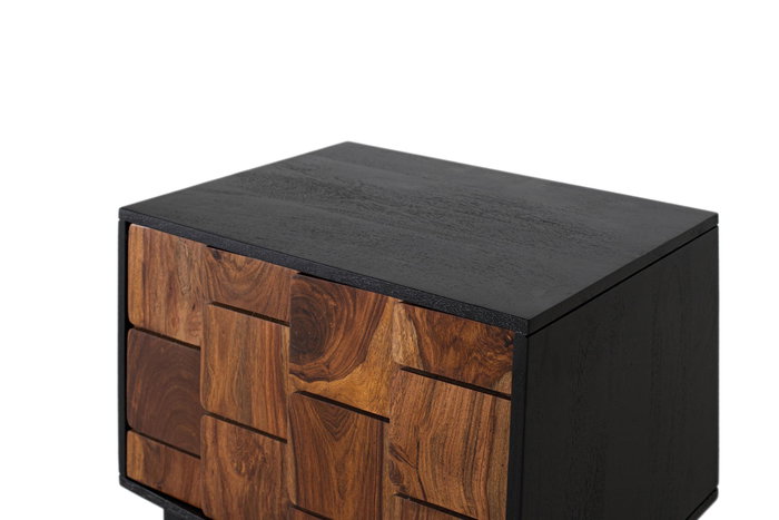 Table de Chevet en Bois de Mango et Sheesam Effet 3D Wengué et Noix - 50 x 56 x 40 cm avec Porte et Montage