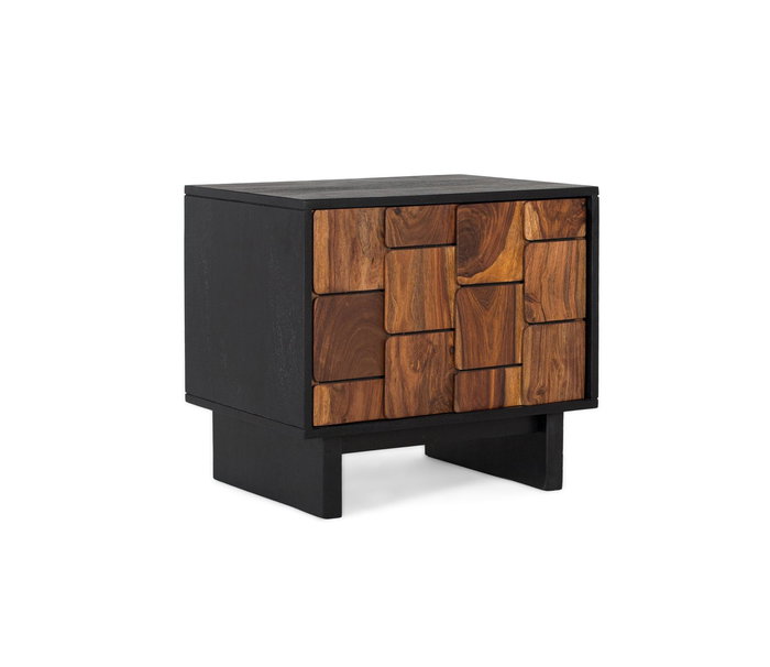 Table de Chevet en Bois de Mango et Sheesam Effet 3D Wengué et Noix - 50 x 56 x 40 cm avec Porte et Montage