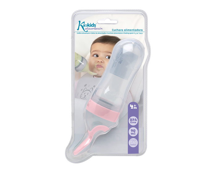KioKids Cuchara Alimentadora - Cuillère Doseuse pour Bébé Rose Clair avec Réservoir en Silicone 90 ml - Dès 4 Mois