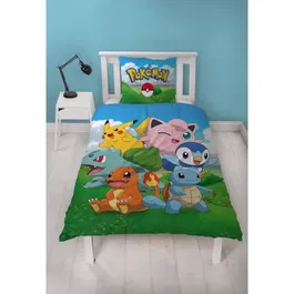 Pokémon Parure de Lit Pikachu et ses Amis Bleu Microfibre - 1 Housse de Couette 140x200 cm + 1 Taie 63x63 cm