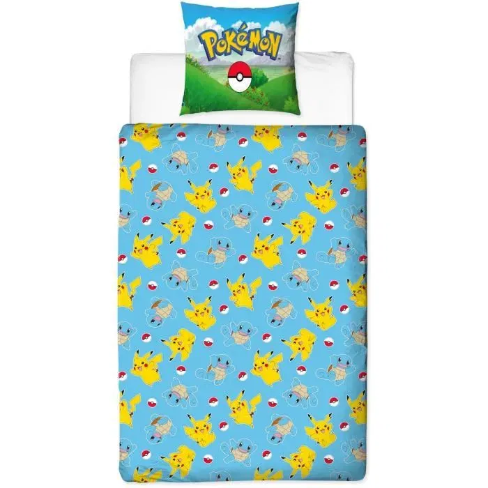 Pokémon Parure de Lit Pikachu et ses Amis Bleu Microfibre - 1 Housse de Couette 140x200 cm + 1 Taie 63x63 cm
