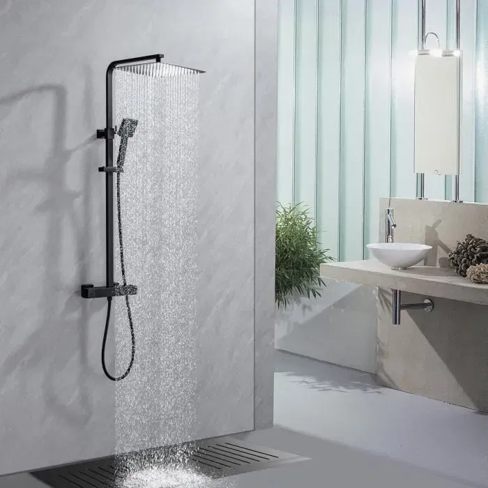 Oceanic - Colonne de douche thermostatique, corps froid avec douchette et pomme haute carrée 30x30 cm orientable en inox, hauteur ajustable 82-127 cm, couleur noir mat