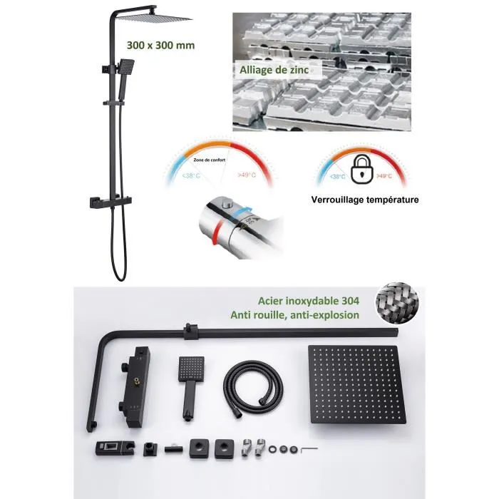 Oceanic - Colonne de douche thermostatique, corps froid avec douchette et pomme haute carrée 30x30 cm orientable en inox, hauteur ajustable 82-127 cm, couleur noir mat