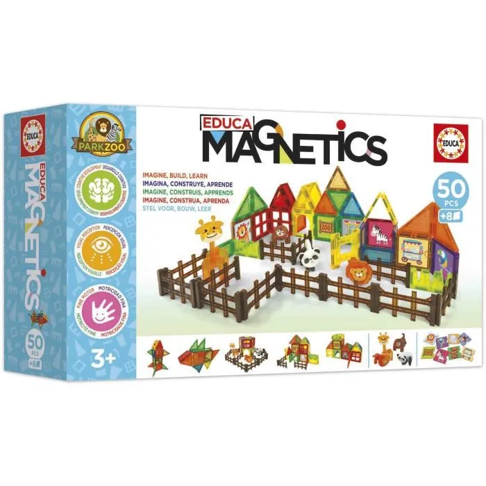 Educa Magnetics Parc Zoo - Jeu de construction magnétique 50 pièces, 4 animaux, 8 cartes - Développe créativité et motricité - À partir de 3 ans