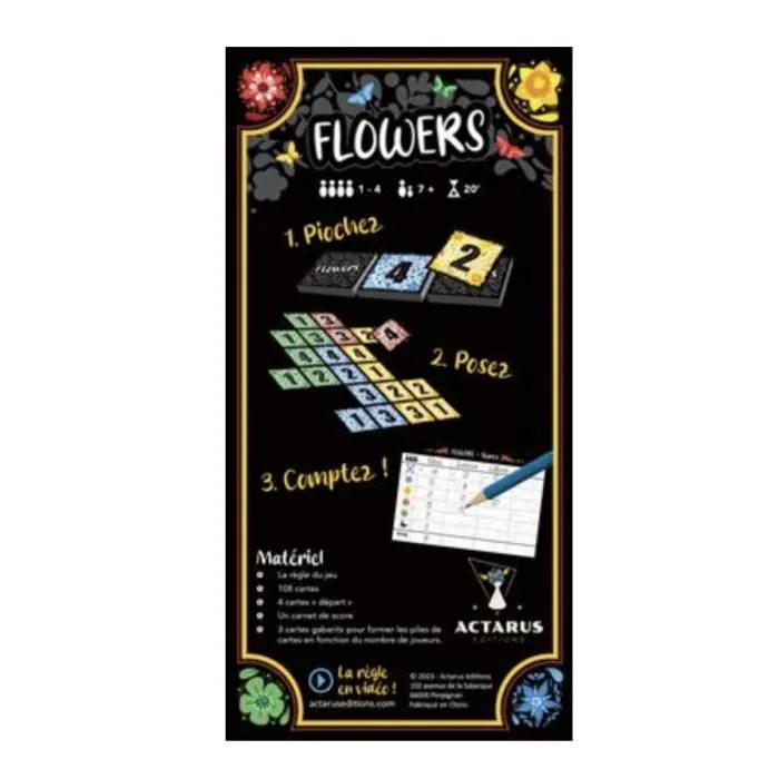 Asmodee Jeu de société Flowers Édition Actarus, 108 cartes, durée 30 min, 2+ joueurs, à partir de 6 ans, langue française, jeu de stratégie