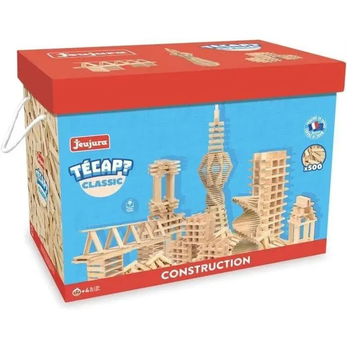 JEUJURA Tecap Classic - Jeu de construction en bois naturel - 500 planchettes - Jeu d'équilibre pour enfants à partir de 4 ans