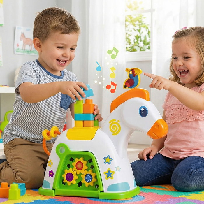 MOLTO Zebre d'activités musicale Pony Actividades 26526, jouet d'éveil avec son, engrenages et 15 blocs, multilingue (FR, EN, DE, ES, IT, PT), à partir de 12 mois