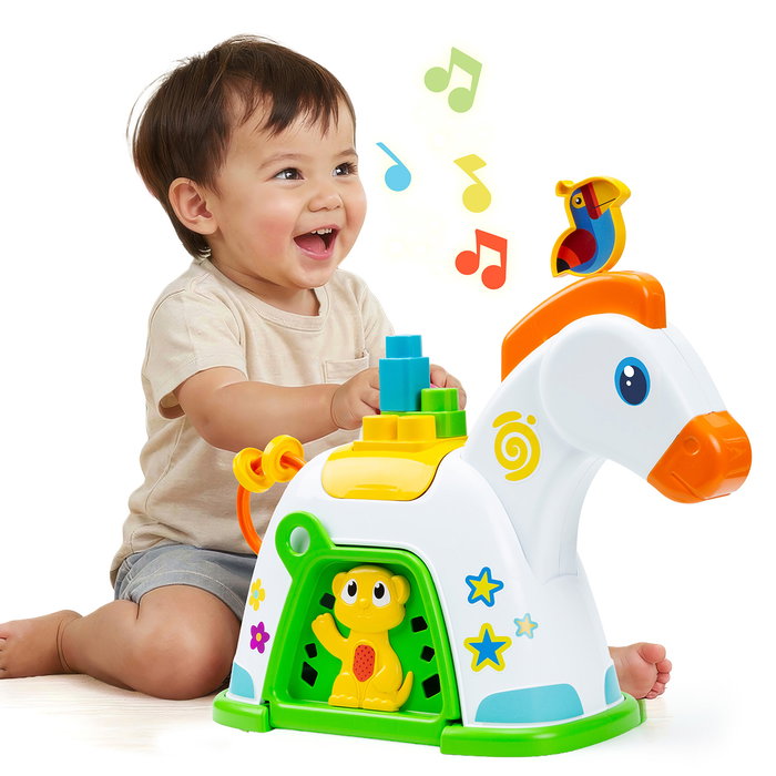 MOLTO Zebre d'activités musicale Pony Actividades 26526, jouet d'éveil avec son, engrenages et 15 blocs, multilingue (FR, EN, DE, ES, IT, PT), à partir de 12 mois