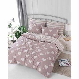 BigBuy Home Parure de couette King size Rose poussiéreuse et blanc, 3 pièces