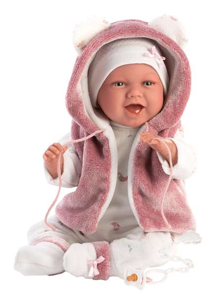 Llorens Poupée nouveau-née Mimi Sonrisas 40 cm avec veste fourrure fuchsia et sucette, corps en tissu, sonore, piles incluses