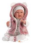 Llorens Poupée nouveau-née Mimi Sonrisas 40 cm avec veste fourrure fuchsia et sucette, corps en tissu, sonore, piles incluses
