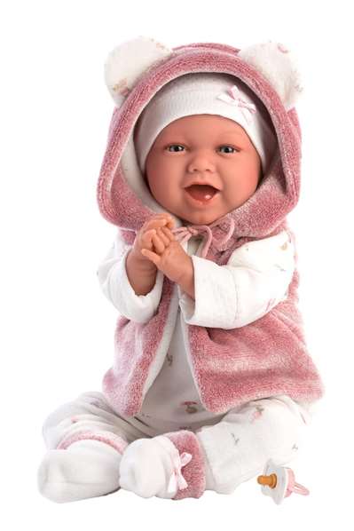Llorens Poupée nouveau-née Mimi Sonrisas 40 cm avec veste fourrure fuchsia et sucette, corps en tissu, sonore, piles incluses