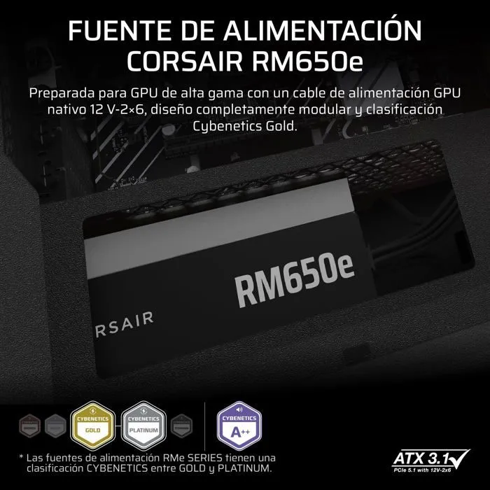 Corsair RM650e - Alimentation PC 650W Modulaire 80 PLUS Gold, ATX 3.1 & PCIe 5.1, Ventilateur 120 mm Silencieux, Garantie 7 ans