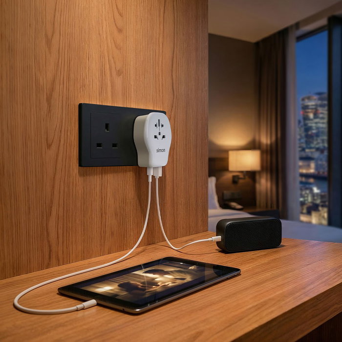 Simon Adaptateur de voyage universel Royaume-Uni USB-A + 2 USB-C 20 W charge rapide type G Simon Adaptateur de voyage universel Royaume-Uni USB-A + 2 USB-C 20 W charge rapide type G