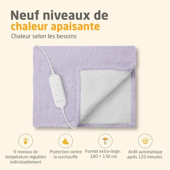 Medisana HB 418 Couverture chauffante réversible 120 W, 9 réglages de température, 180 x 130 cm, Violet - Oeko-Tex