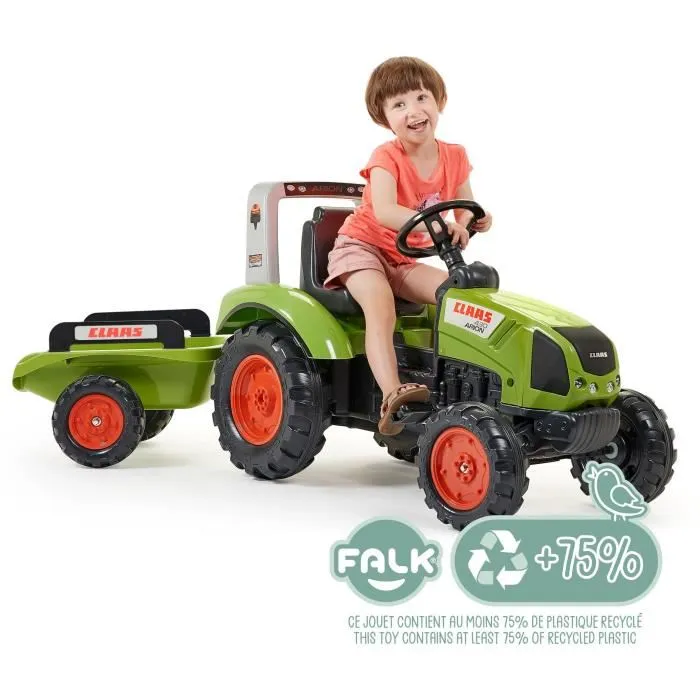 Falk Tracteur à pédales Claas Arion 430 avec Remorque - Jouet d'extérieur pour enfants 3-7 ans - 60% Plastique Recyclé - Fabriqué en France