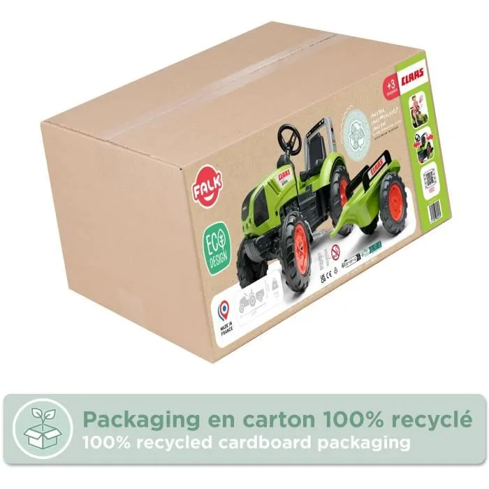 Falk Tracteur à pédales Claas Arion 430 avec Remorque - Jouet d'extérieur pour enfants 3-7 ans - 60% Plastique Recyclé - Fabriqué en France